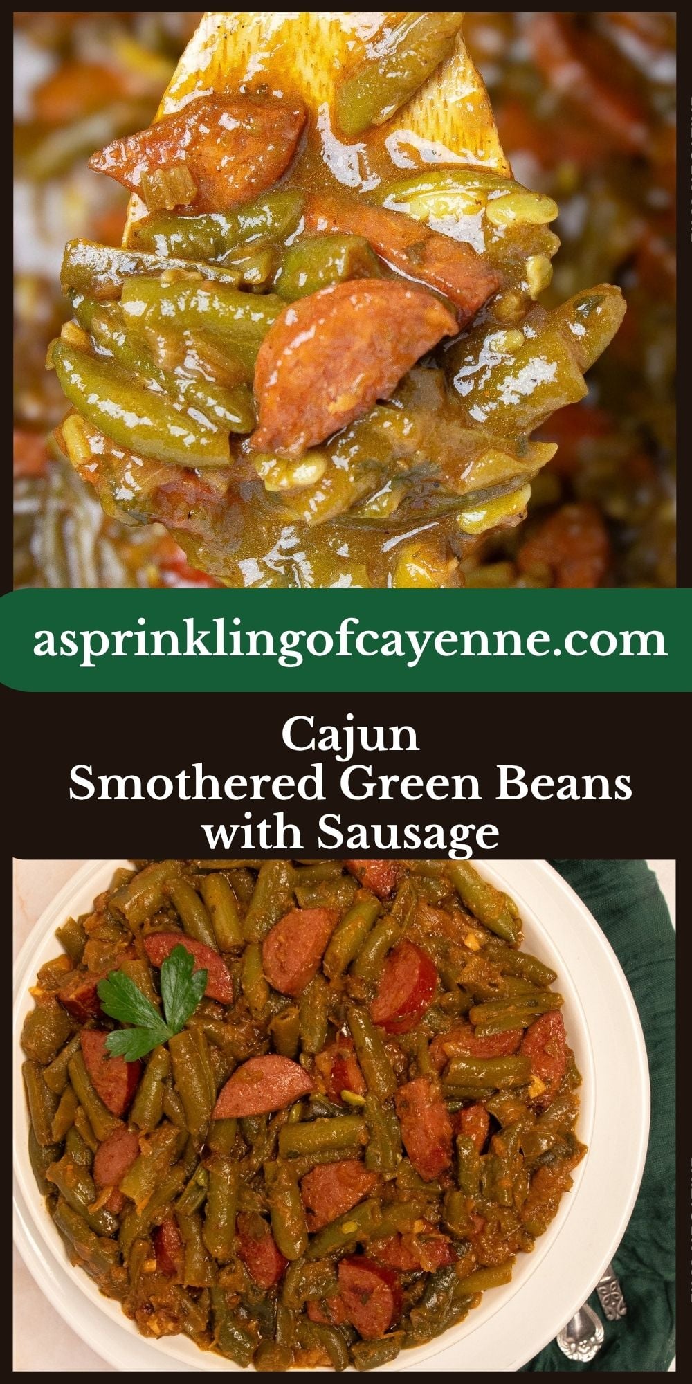 Cajun smothered green beans with sausage Pinterest Pin template.