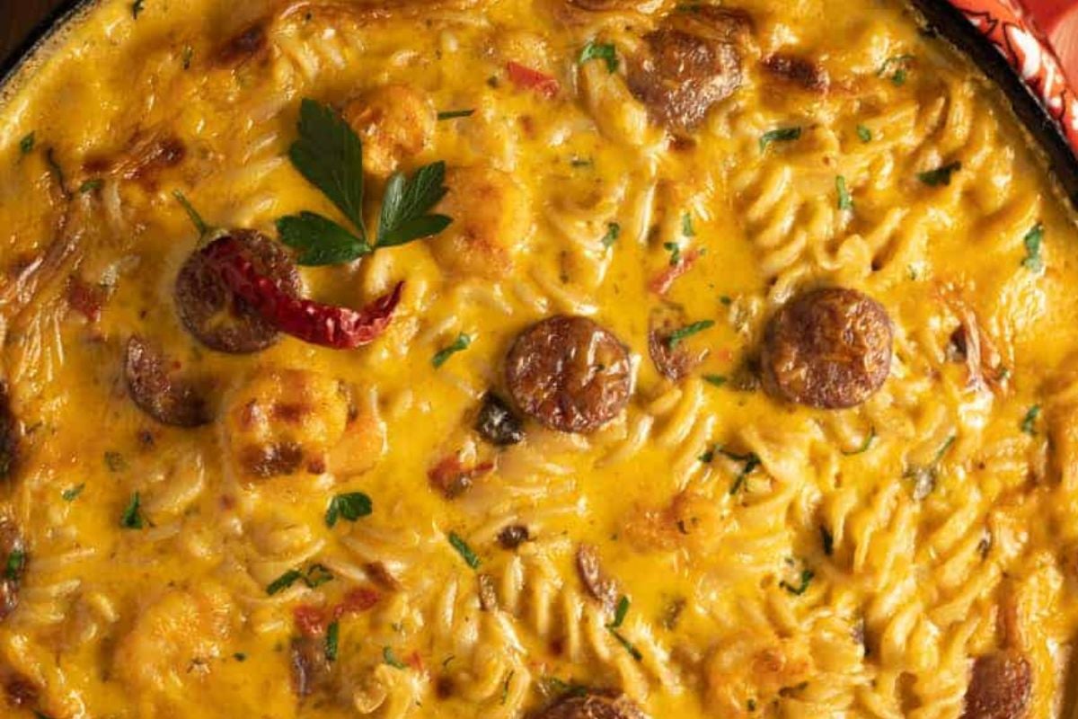 Cajun mac and cheese in  a black cast iron skillet. 