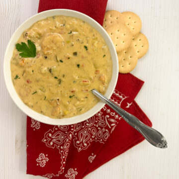Cajun shrimp dip in a round white bowl next to a red bandana napkin and round crackers.