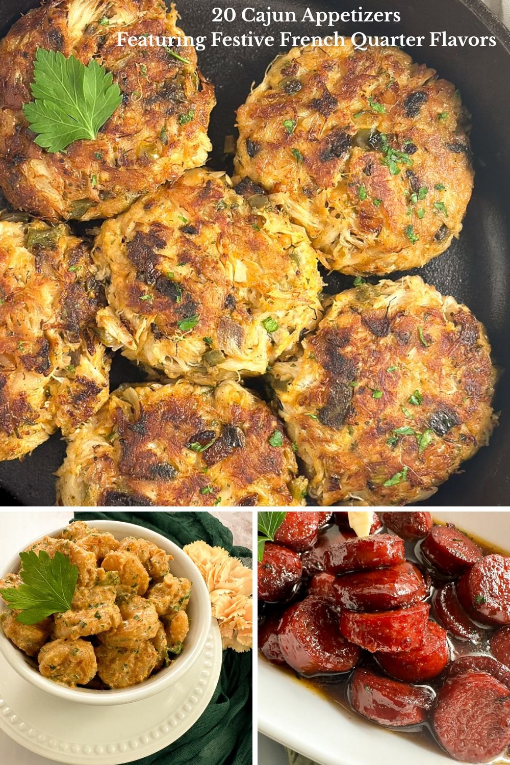 20 Cajun Appetizers featuring festive French Quarter flavors Pinterest post template.