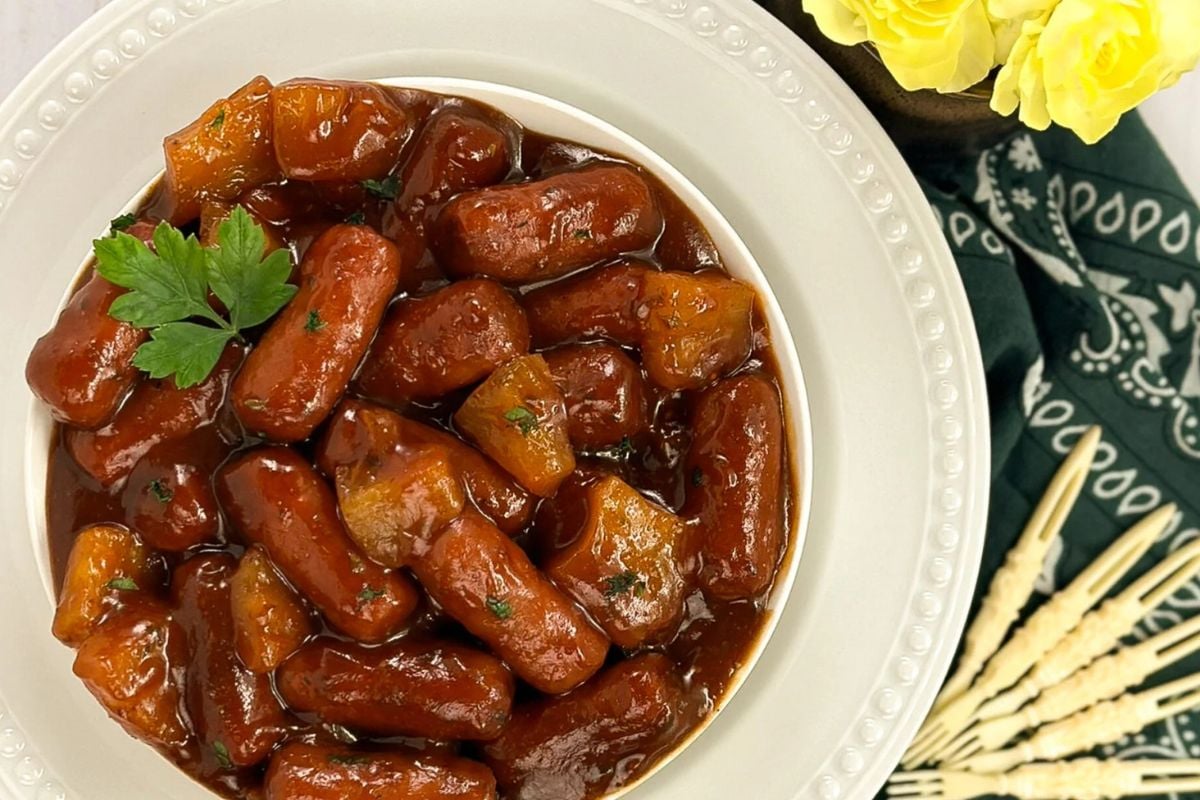 Beef Little Smokies in a round white bowl.