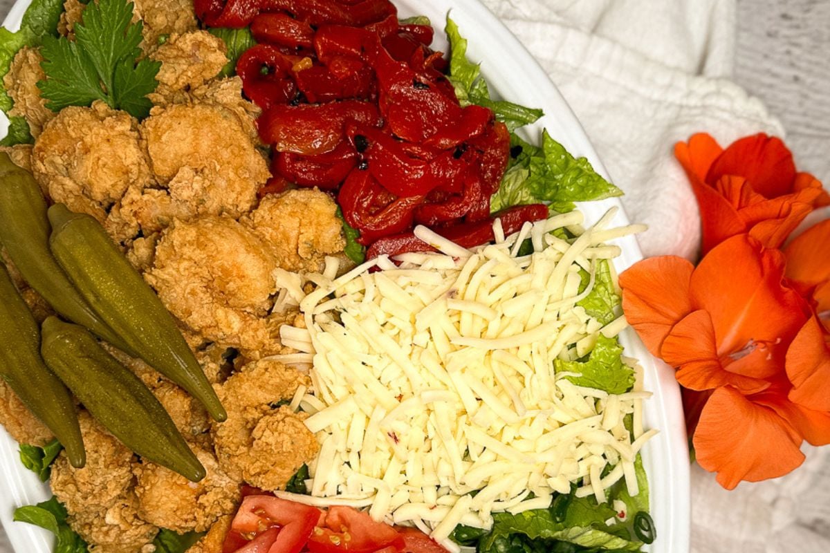 Fried Shrimp Salad on a white serving plate. 