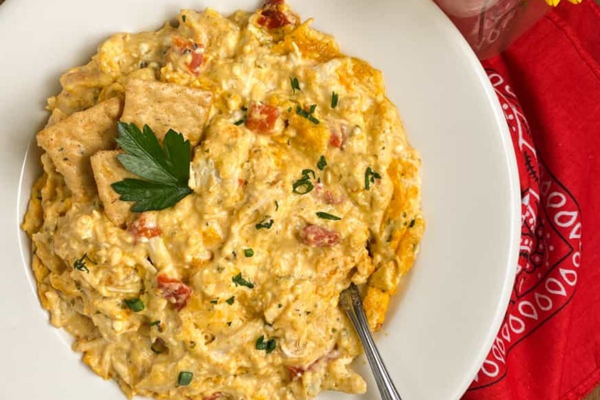 Cajun chicken dip in a round white bowl.