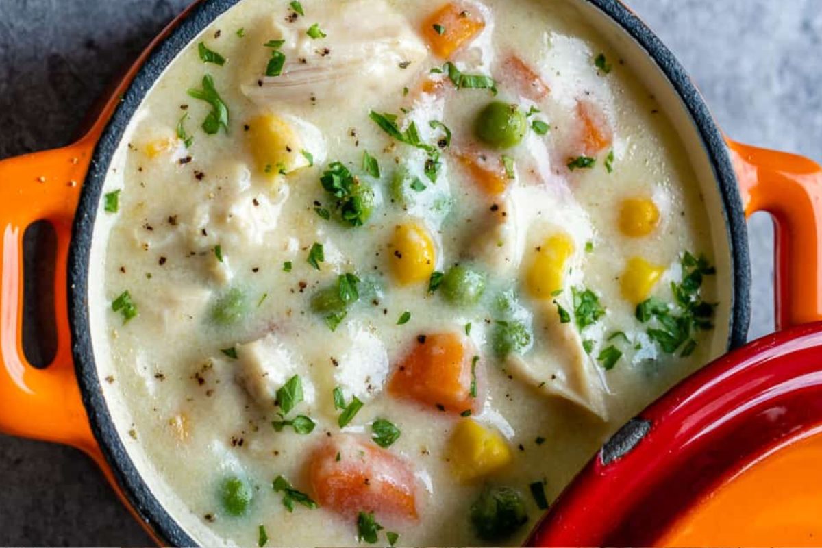 Chicken pot pie soup from Healthy Fitness Meals. 