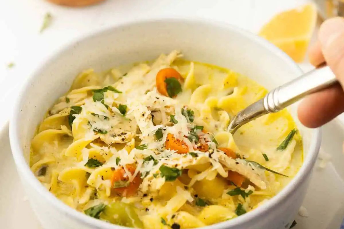 Creamy chicken noodle soup from Mae's menu. 