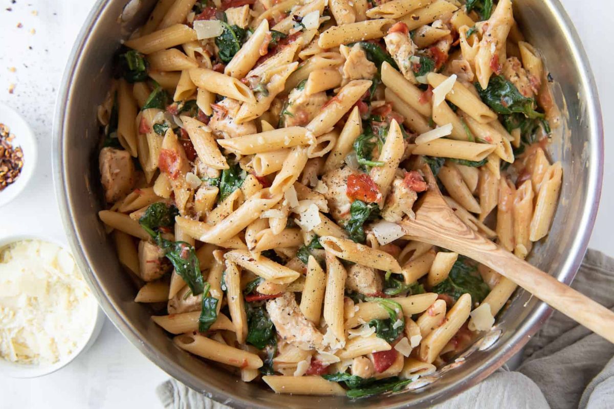 Chicken and spinach skillet pasta From Valerie's Kitchen.