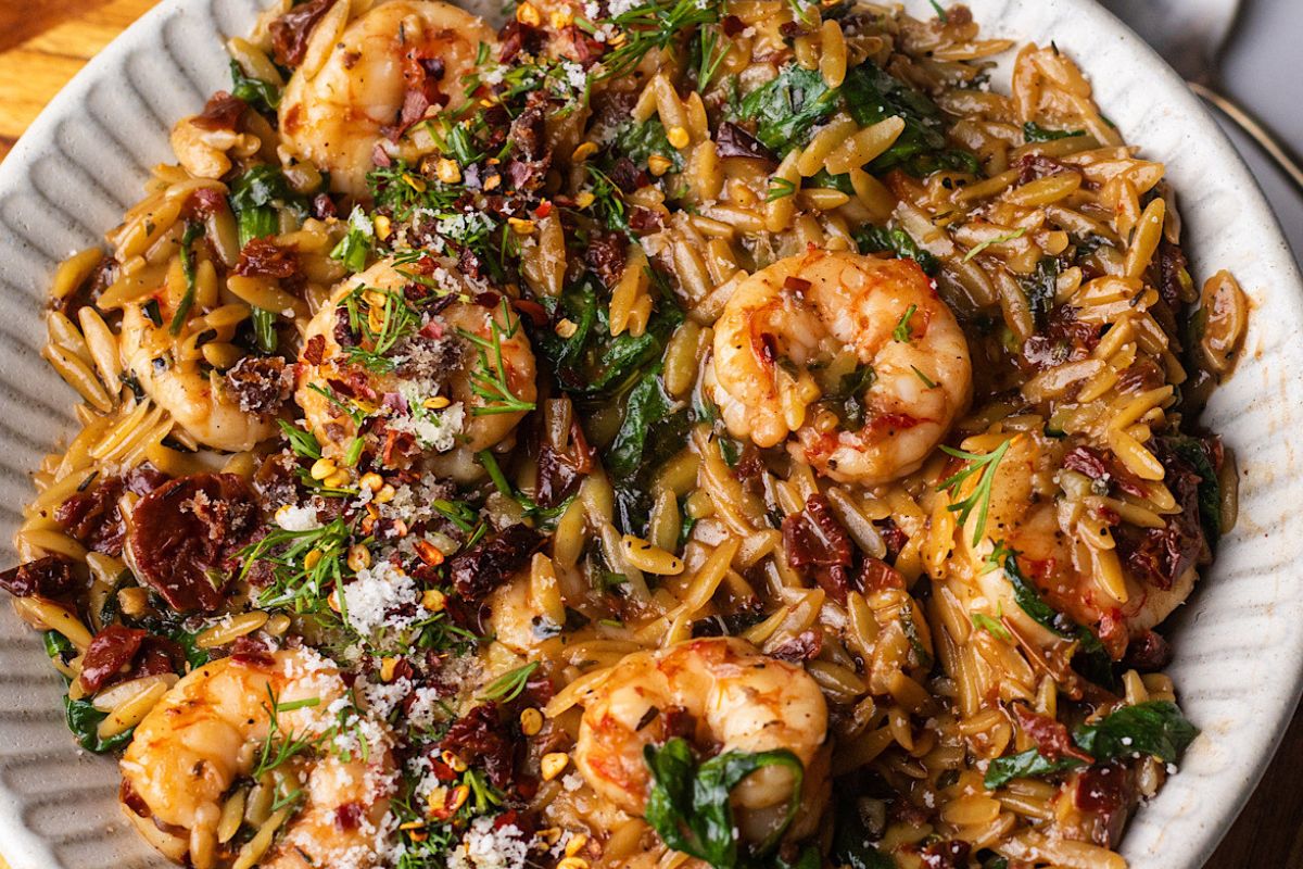 High Protein Marry Me Shrimp Orzo from Avocado Skillet.