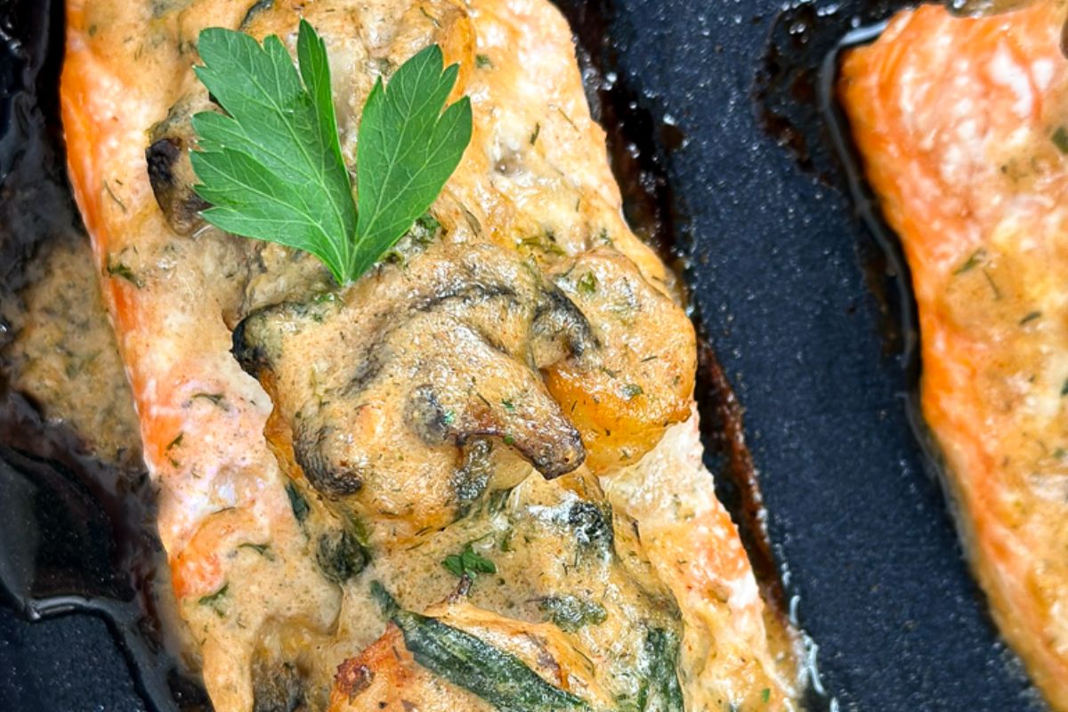 Shrimp and spinach-stuffed salmon.