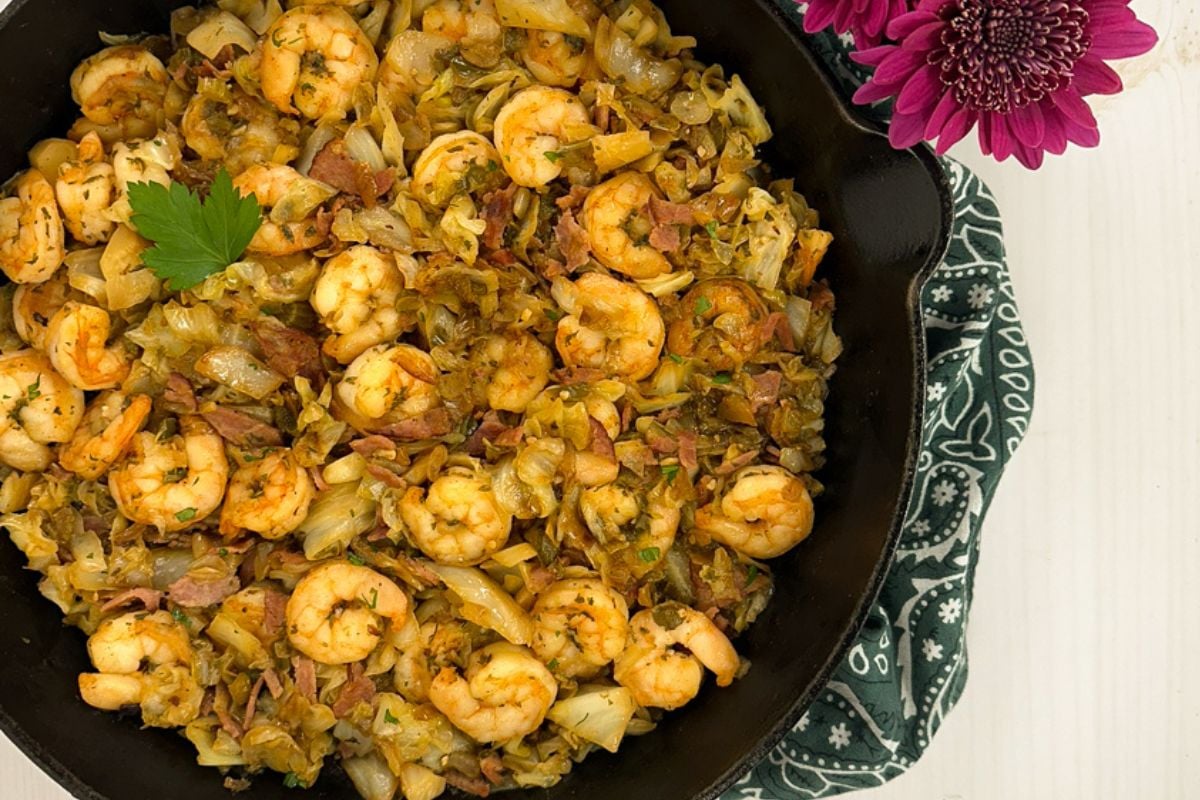 Southern fried cabbage with shrimp Cajun-style. 