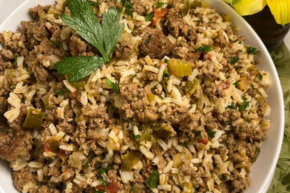 Cajun rice dressing in a bowl.