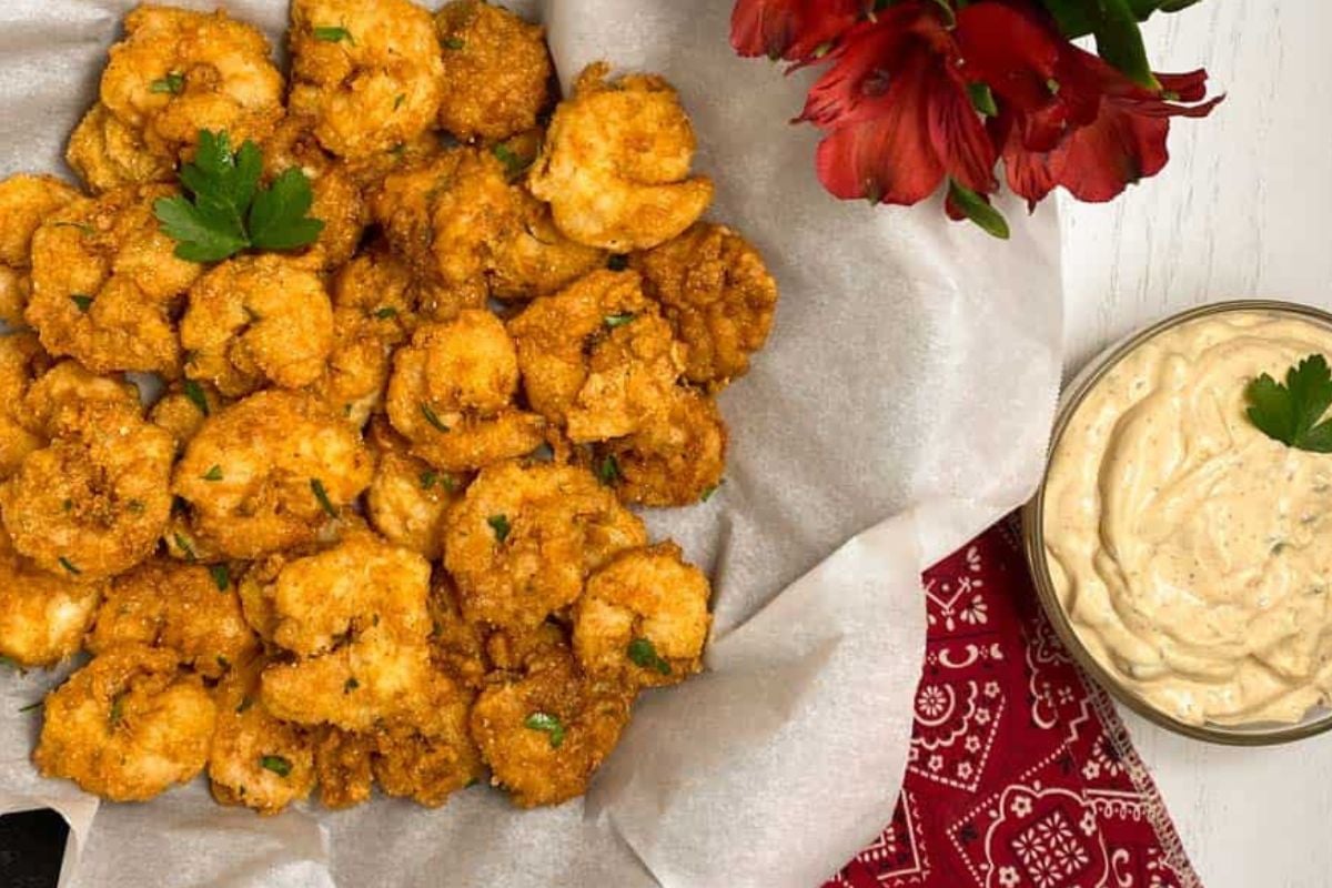 Cajun fried shrimp and homemade Cajun tartar sauce.