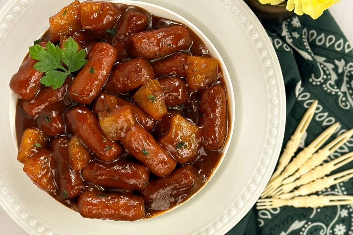 Beef Little Smokies in a round white bowl.