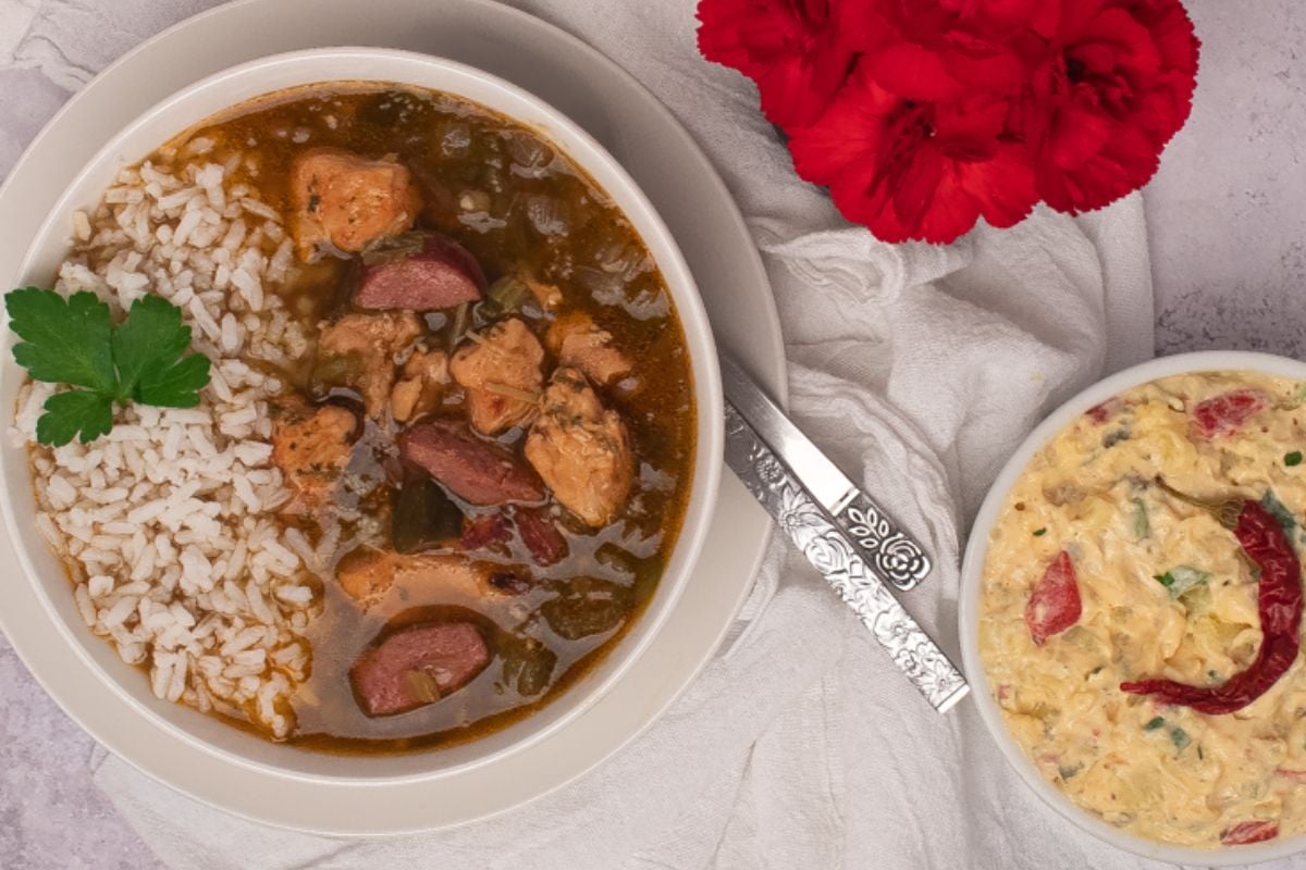 Chicken and sausage gumbo in a bowl.
