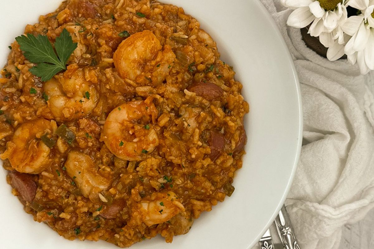 Creole Jambalaya in a round white bowl.