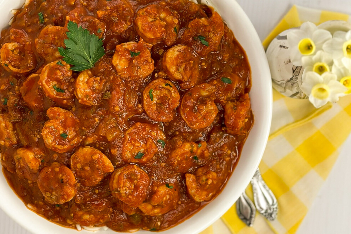 Cajun Shrimp Spaghetti in a round white bowl. 