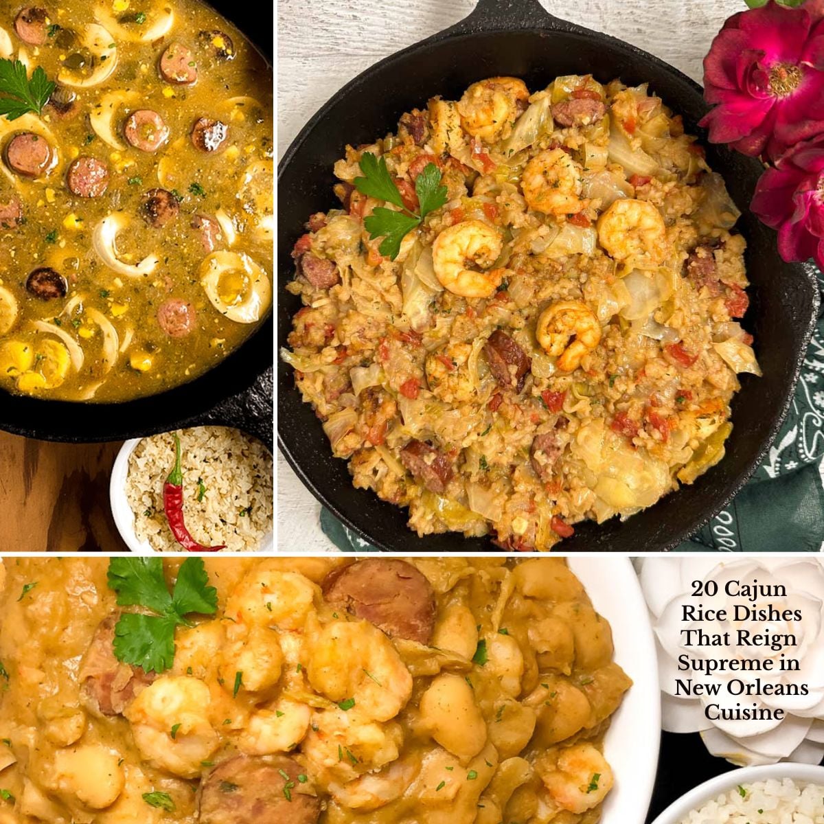 A photo grid showcasing Cajun cabbage jambalaya, Cajun egg stew, and Cajun butter beans with shrimp and sausage.