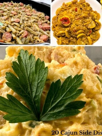 A photo grid showcasing Cajun smothered green beans with sausage, Cajun smothered yellow squash, and Cajun potato salad.