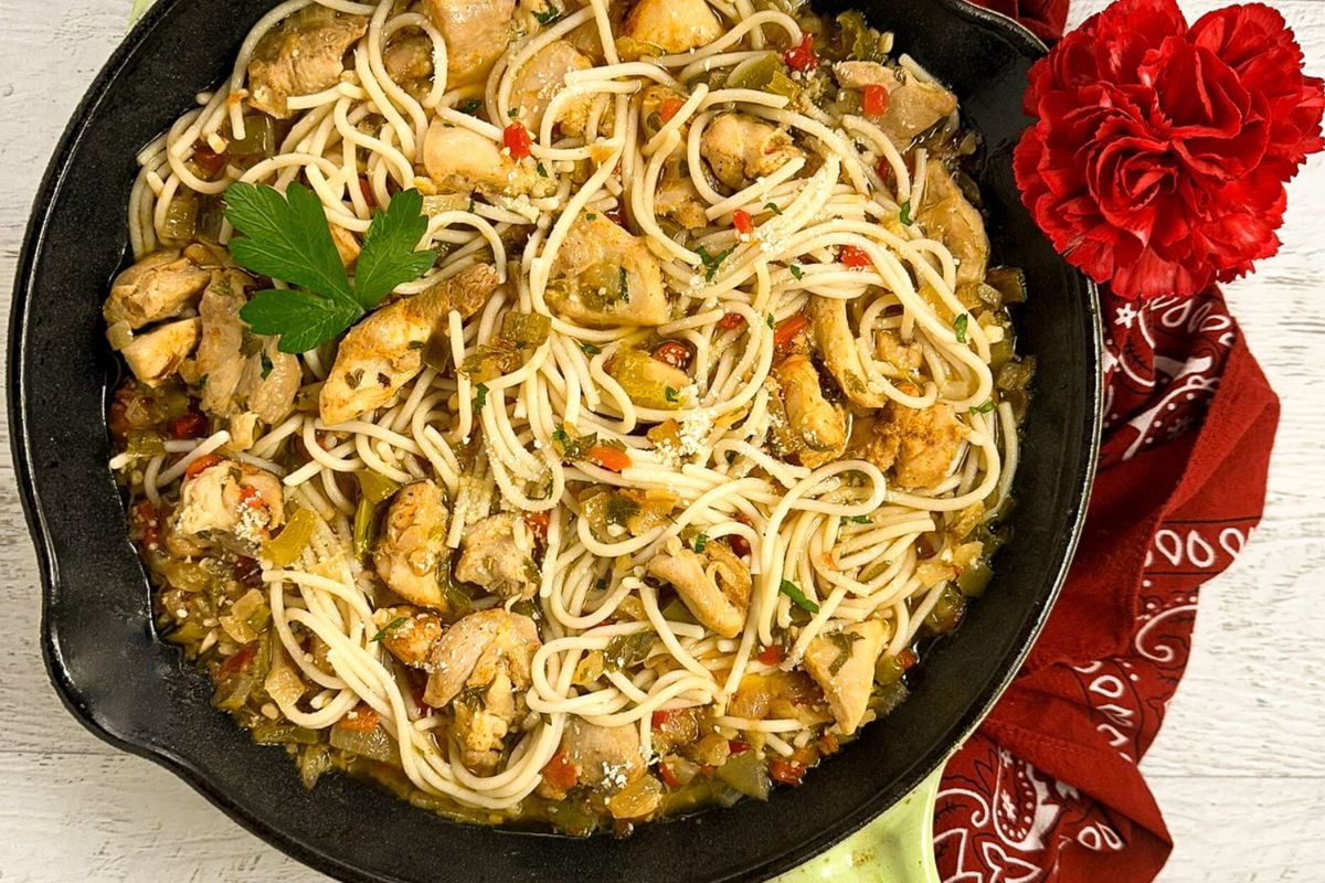 Cajun chicken scampi in an enameled cast iron skillet. 