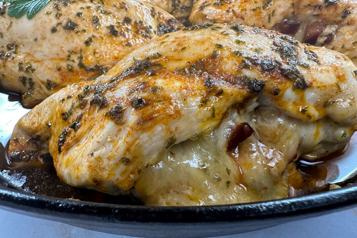 Closeup of Cajun stuffed chicken. 