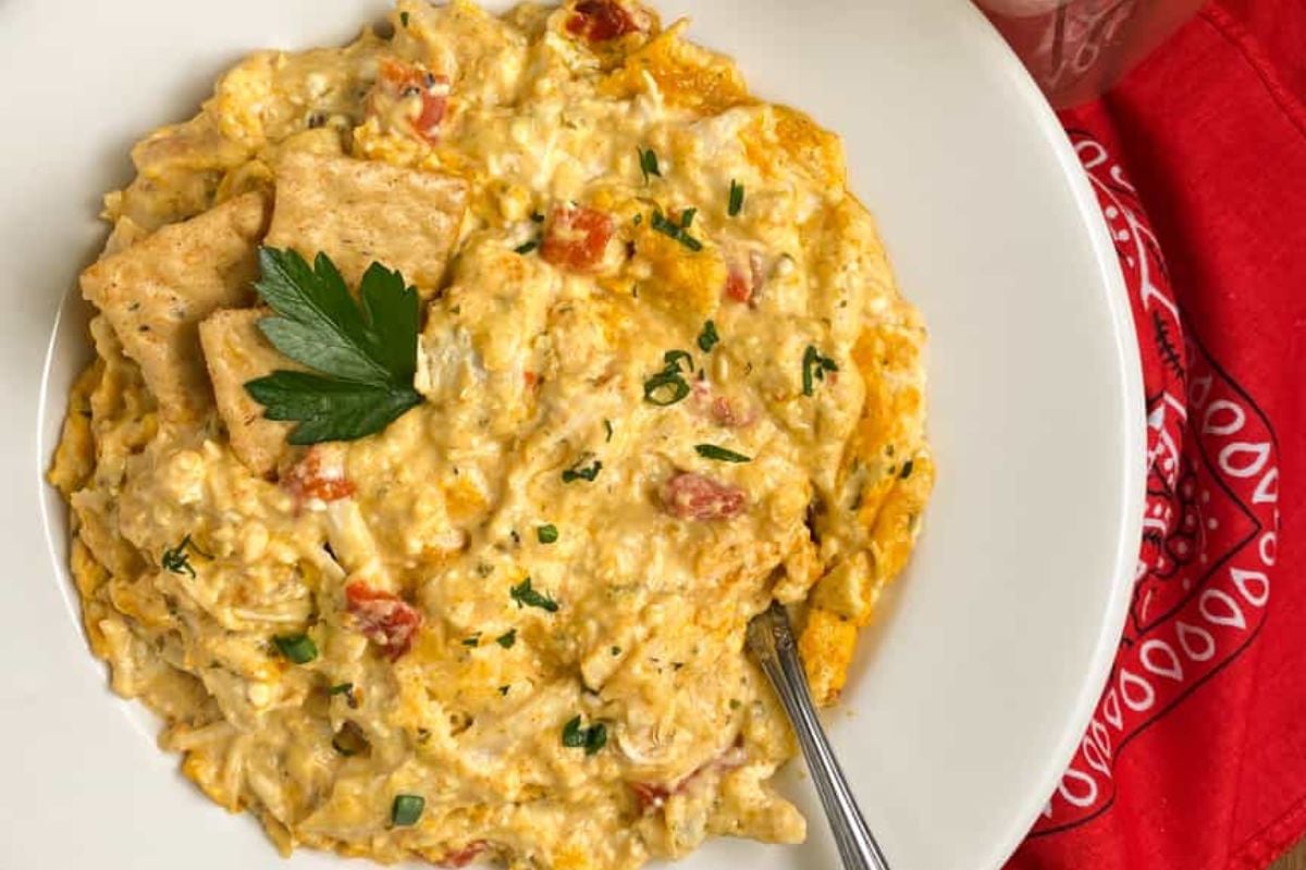 Spicy Cajun chicken dip in a round white bowl with crackers. 