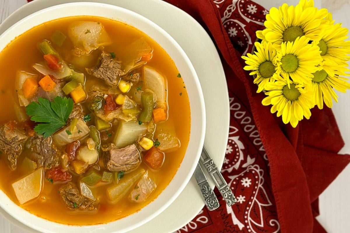 Cajun-style vegetable beef soup.