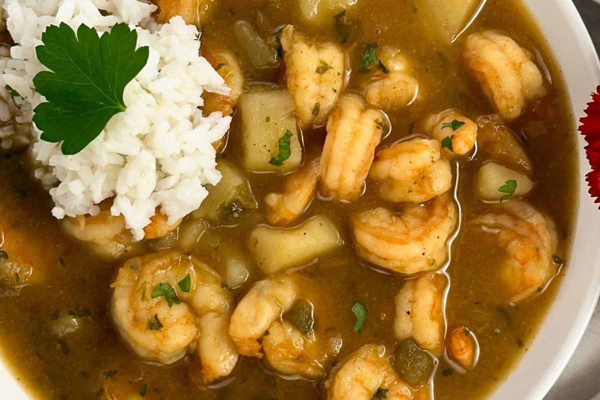 Cajun shrimp stew in a bowl.