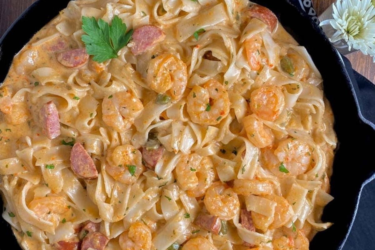 Cajun shrimp and sausage Alfredo.