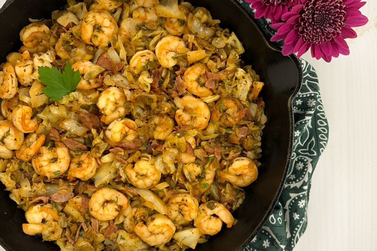 Cajun-style Southern fried cabbage with shrimp.