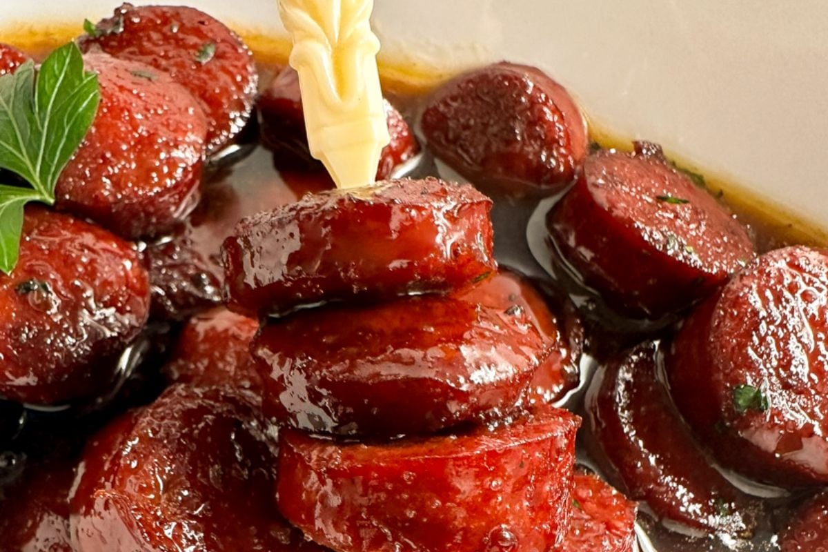 Beef sausage bites closeup.