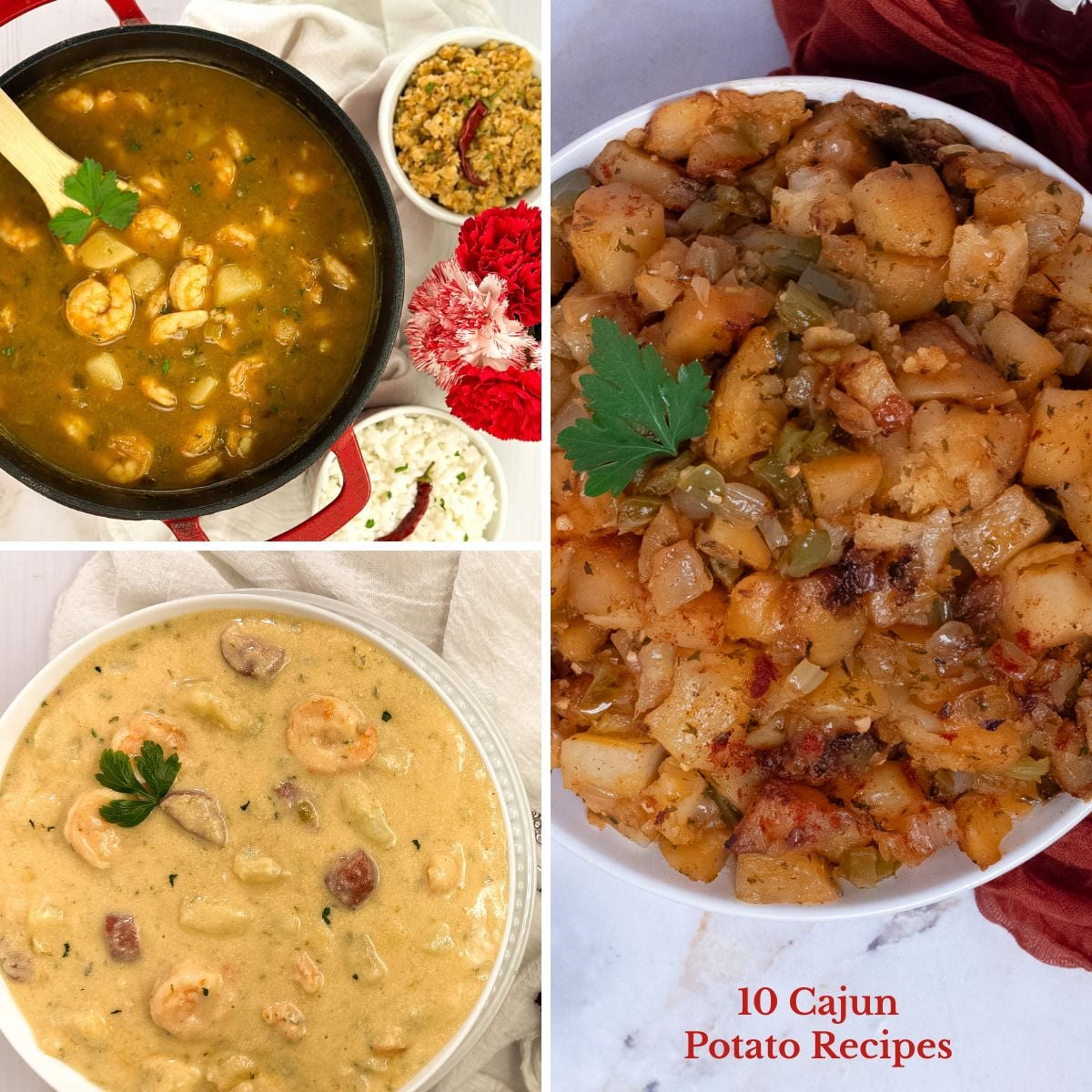 A photo grid with Cajun potato soup, Cajun shrimp stew, and Cajun roasted potatoes.