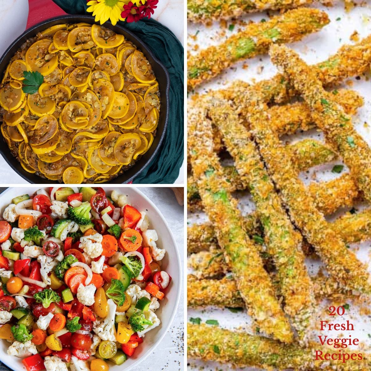 A photo grid with Cajun smothered yellow squash, marinated vegetable salad, and crispy oven-baked zucchini.