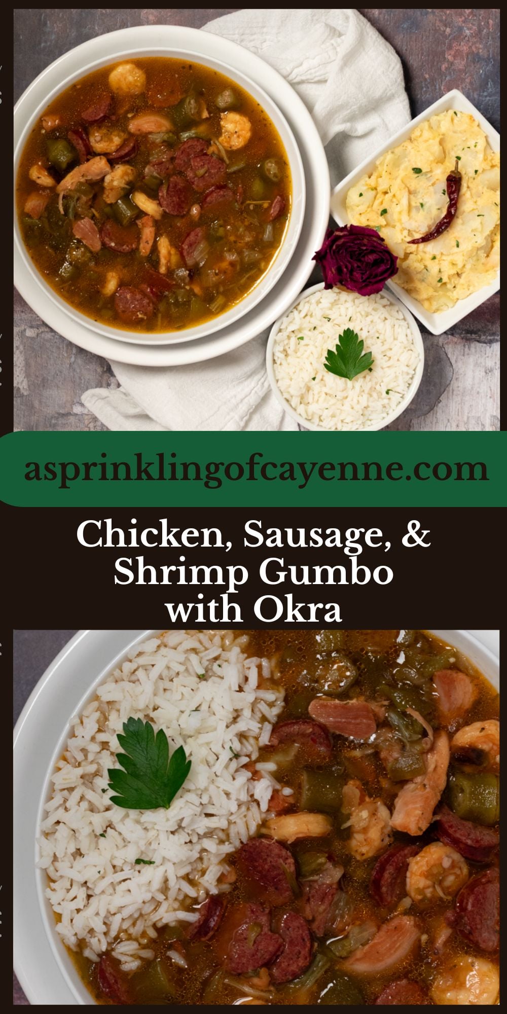 Chicken, sausage, and shrimp gumbo Pinterest Pin template.