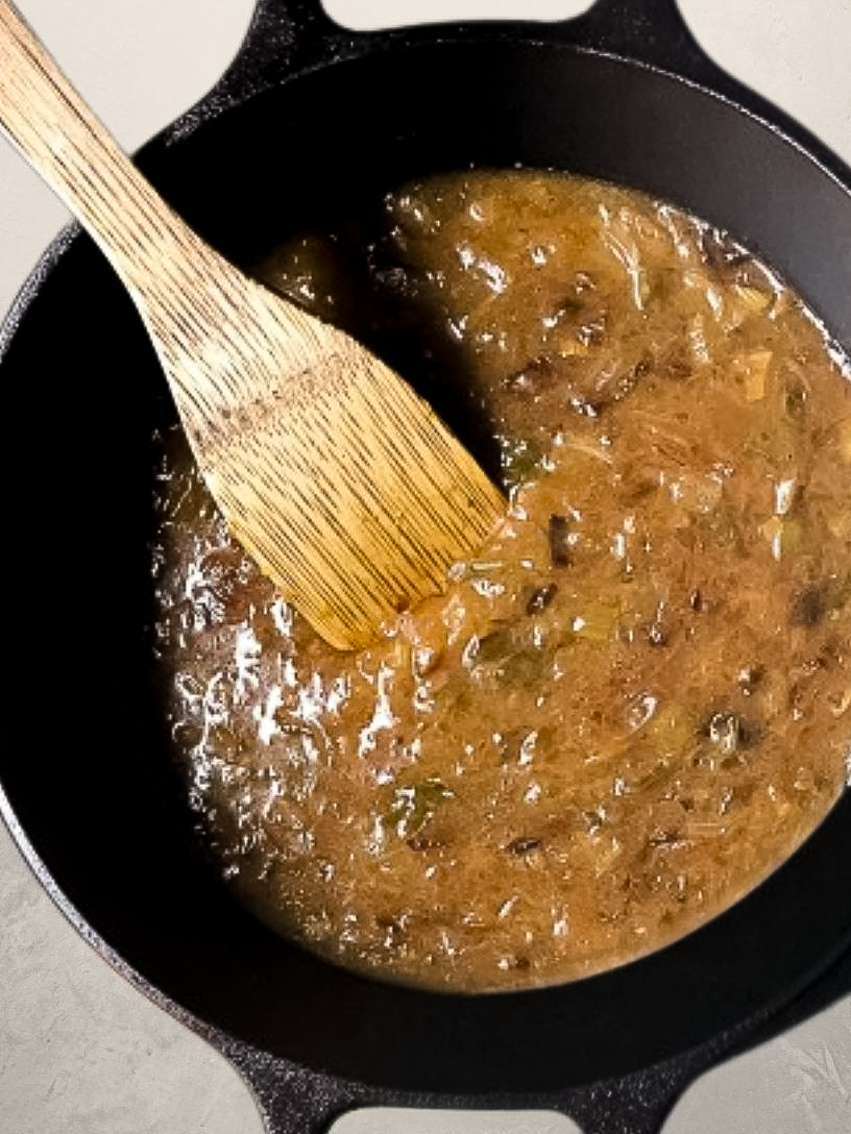 The Trinity Roux in a cast iron Dutch oven.
