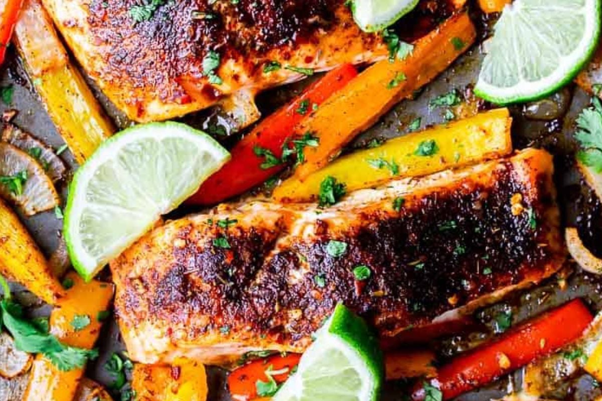Sheet Pan Salmon Fajitas from Delicious Little Bites.