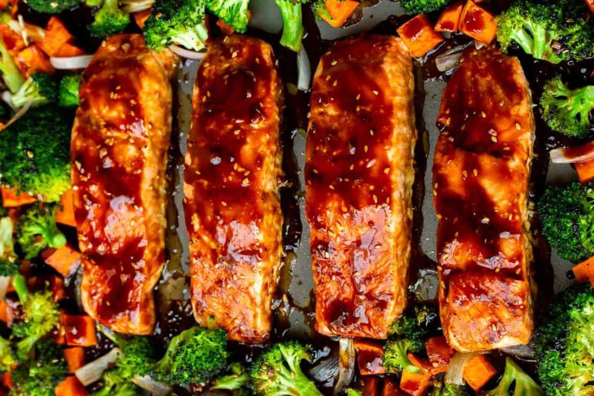 Sheet pan teriyaki salmon from Delicious LIttle Bites.