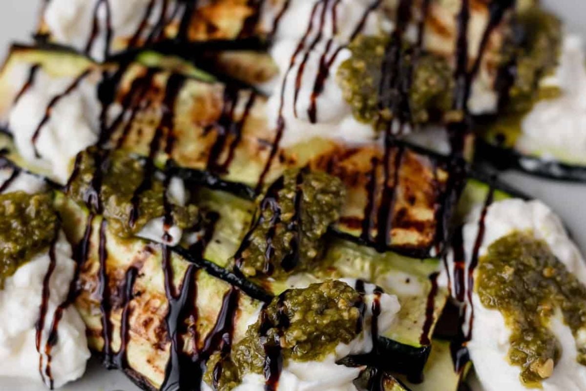 Grilled Zucchini with Burrata and Pesto from Delicious Little Bites.