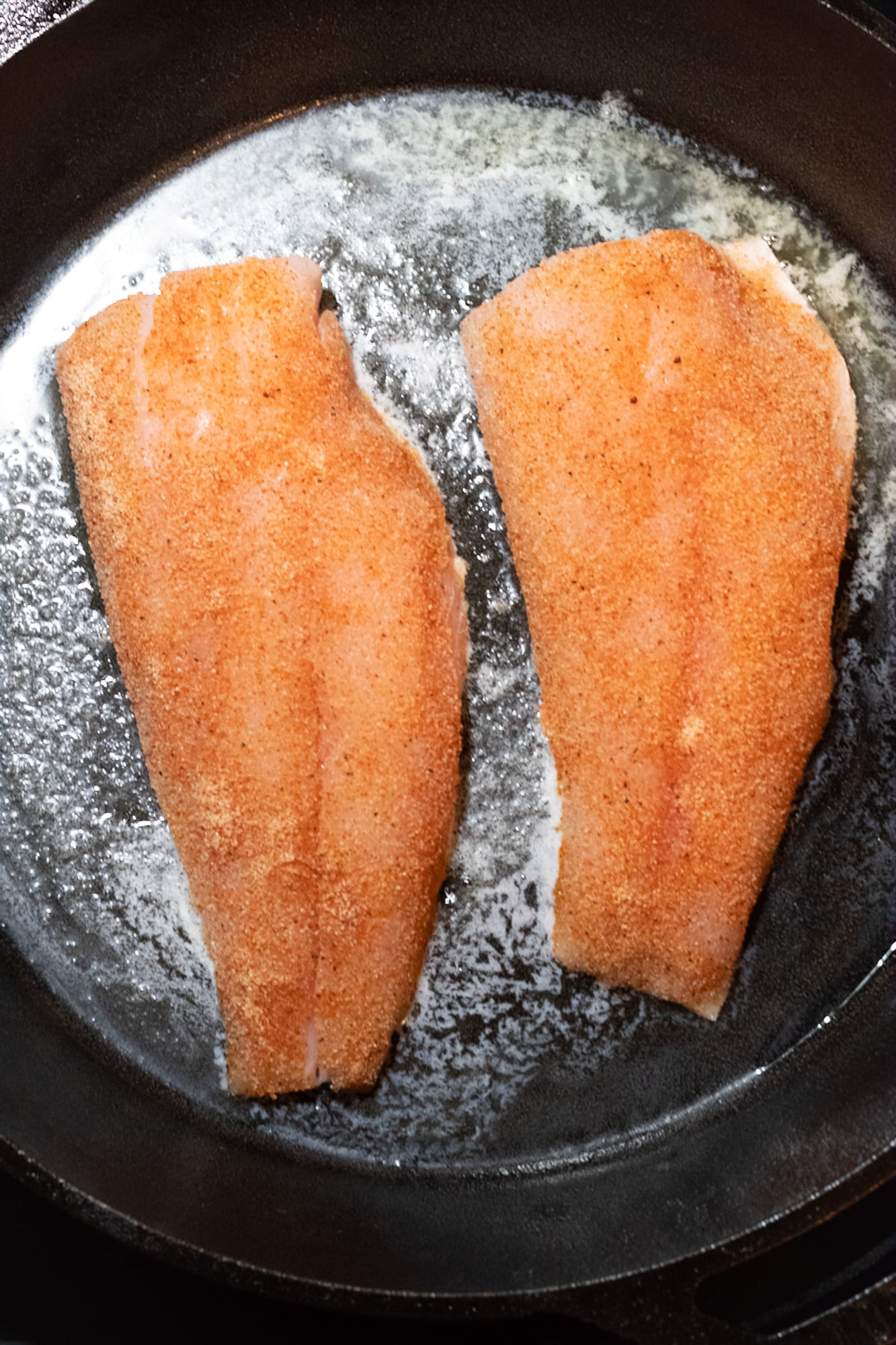 Fresh snapper fillets skin side-down in a cast iron skillet.