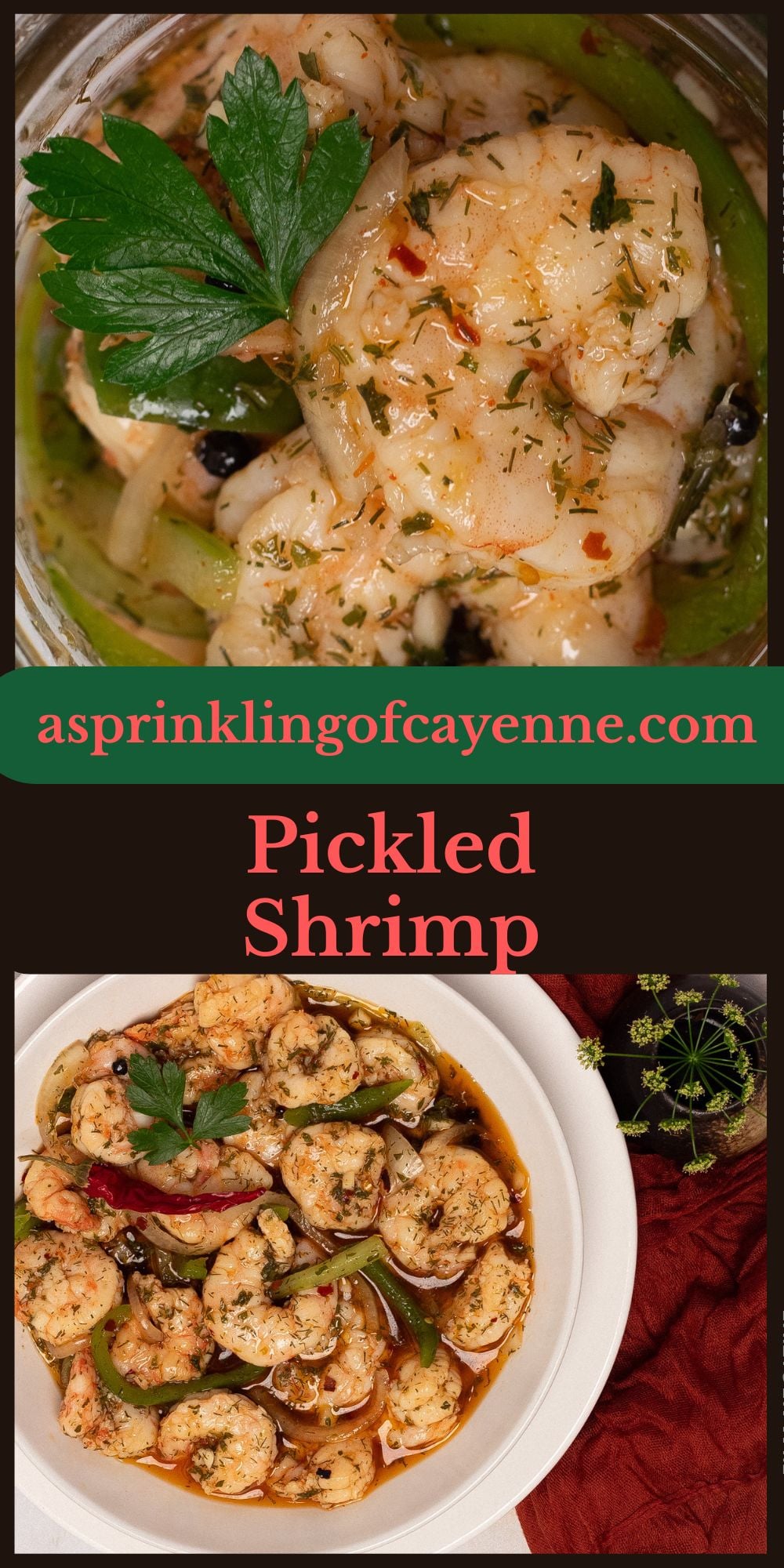 Pickled shrimp Pinterest pin template.