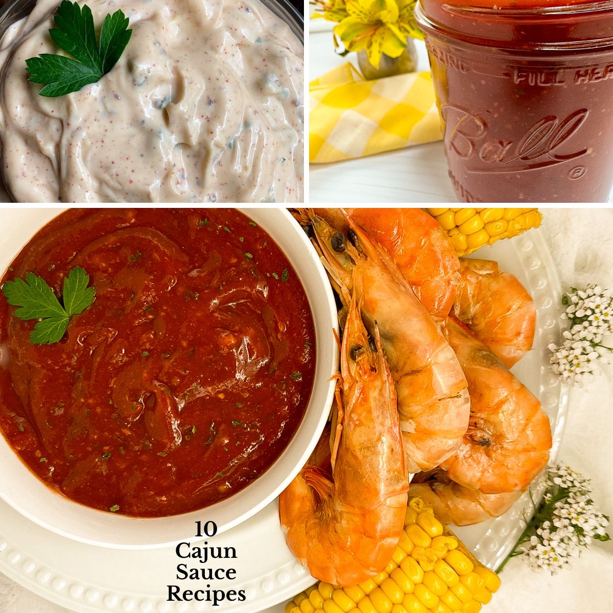 A photo collage featuring Cajun cocktail sauce, Cajun tartar sauce, and Cajun bbq sauce.