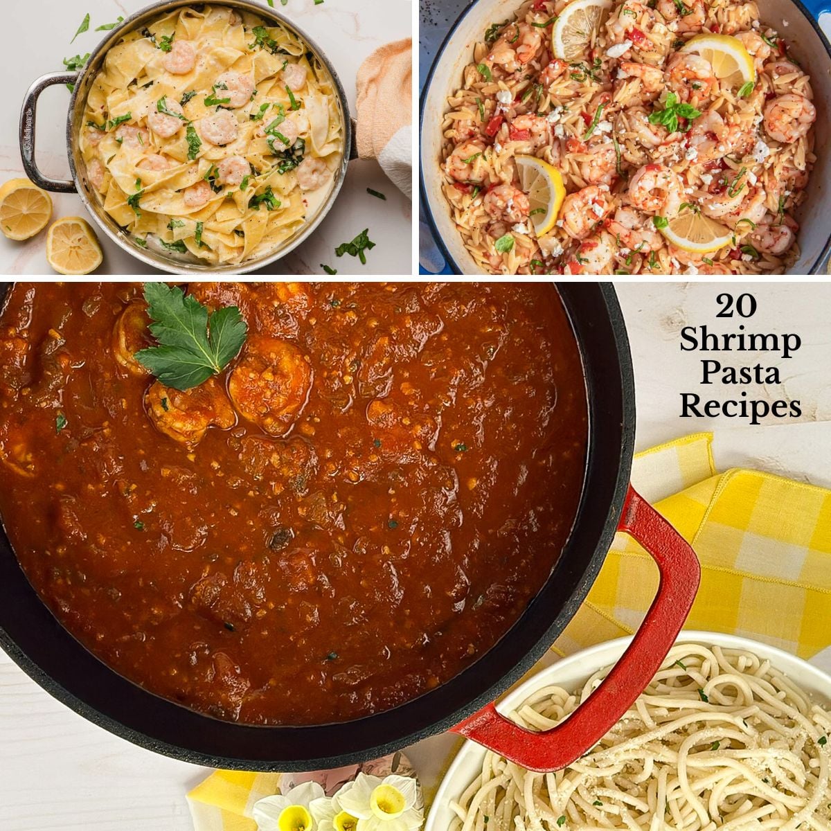 A photo collage featuring Cajun shrimp spaghetti, creamy shrimp pappardelle, and shrimp orzo pasta.