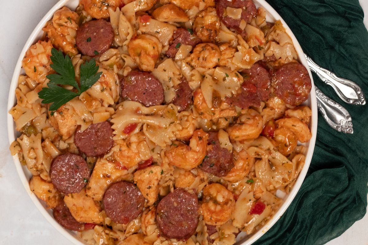 Pastalaya aka jambalaya pasta in a round white bowl.
