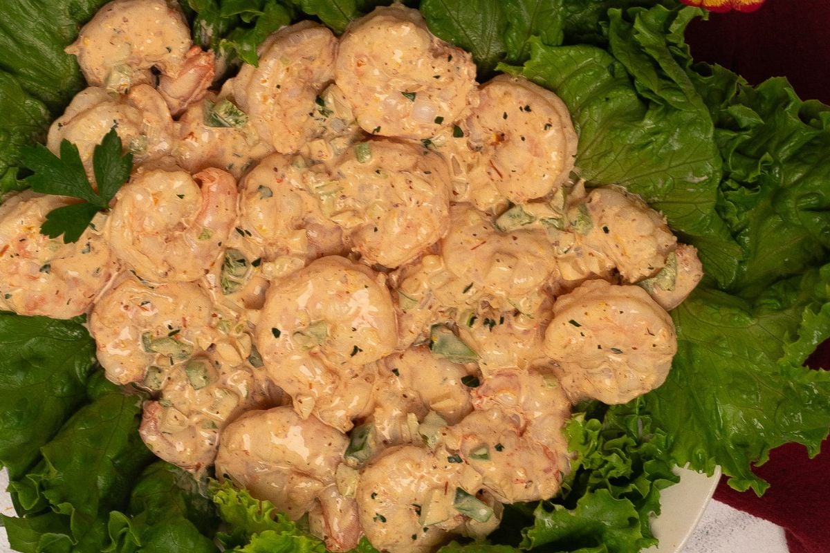 Shrimp remoulade on a bed of lettuce. 