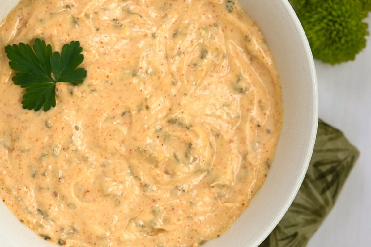 Cajun aioli in a round white bowl. 