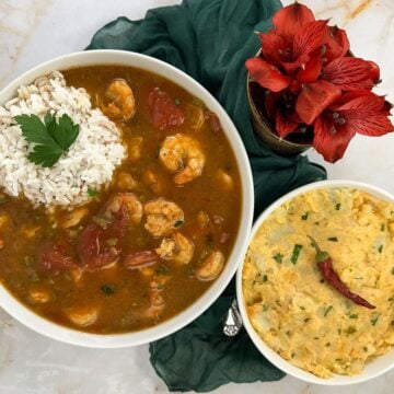 Shrimp etouffee with a side of potato salad and red flowers.