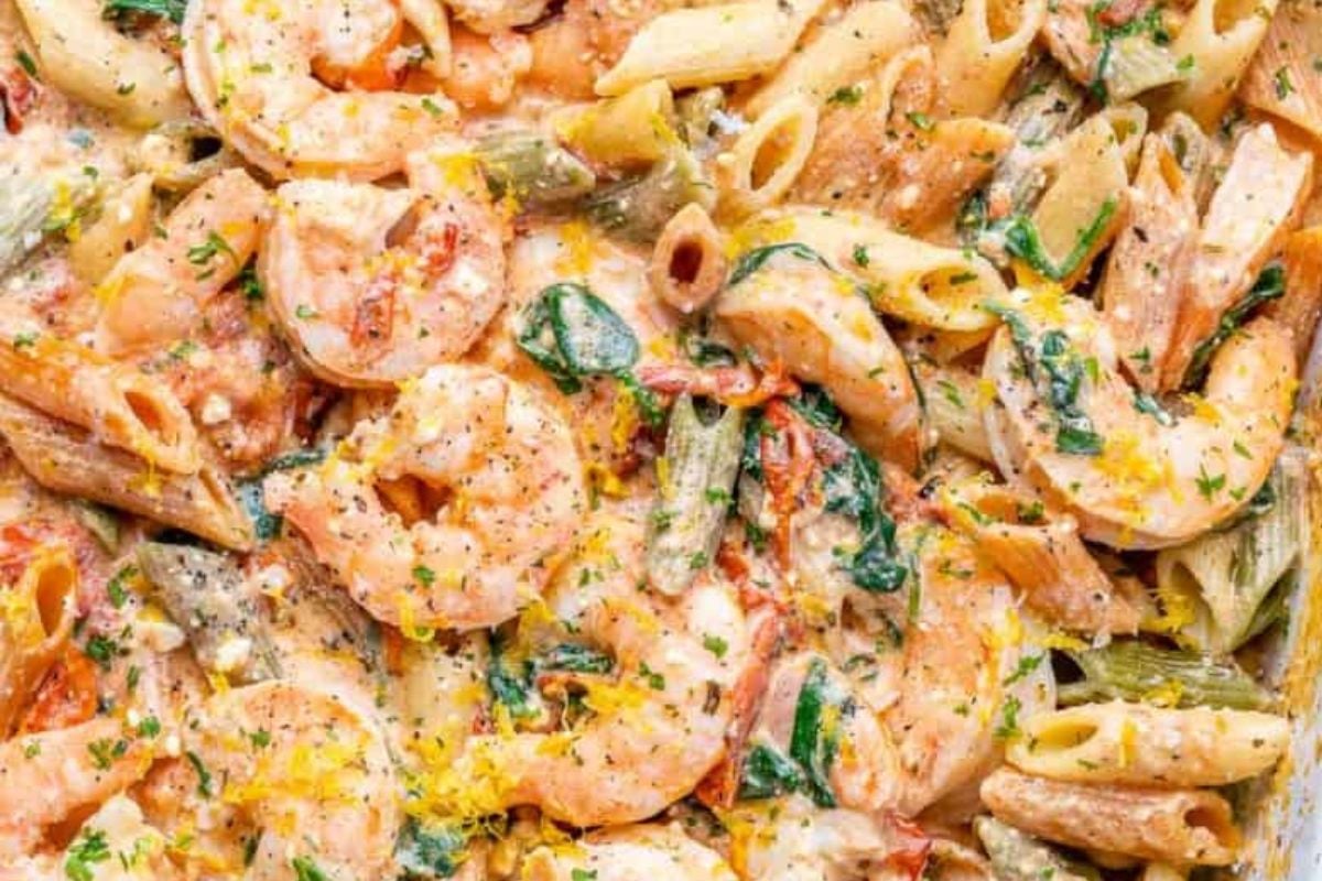 Baked Feta Pasta with Shrimp from Healthy Fitness Meals. 